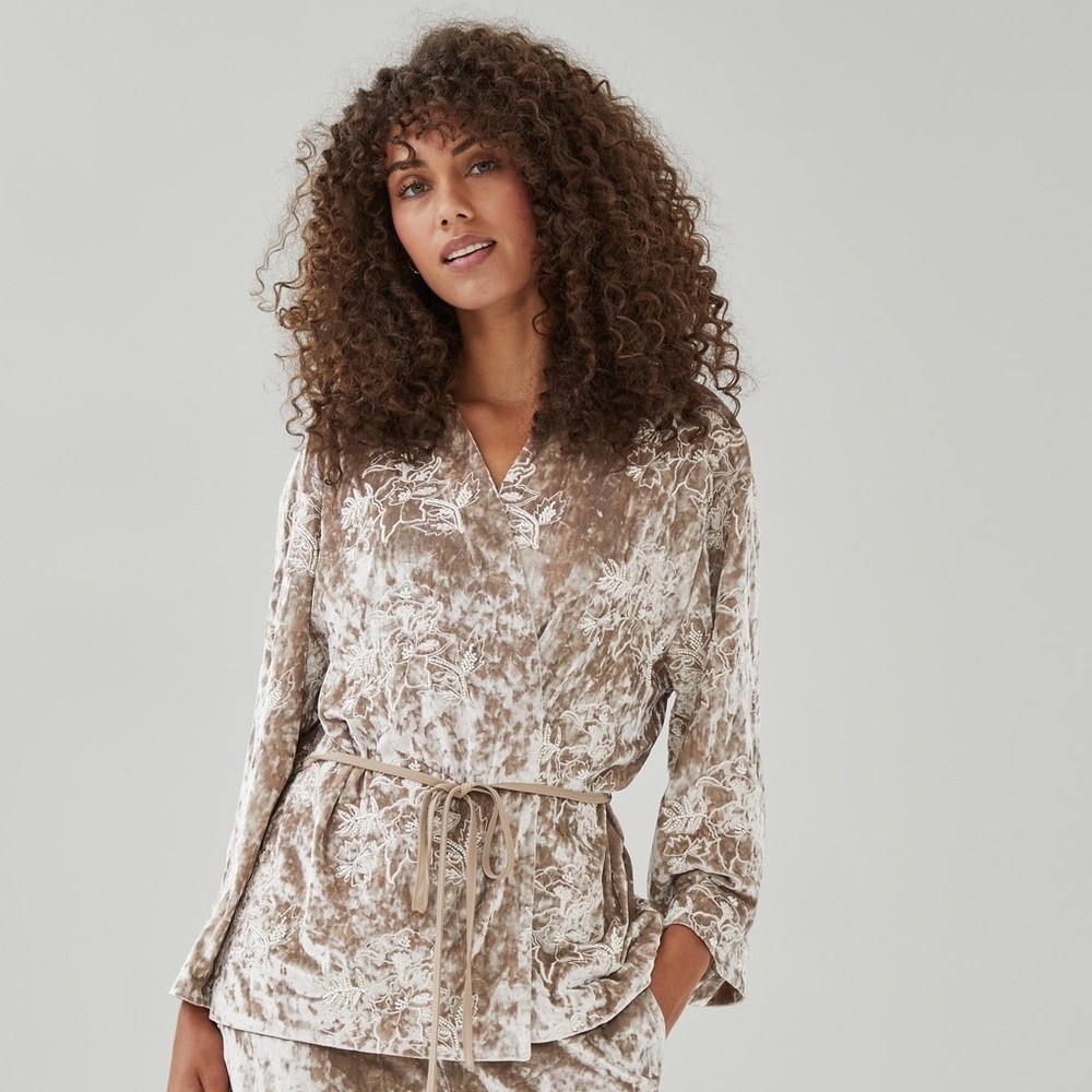 🆕Joe Fresh XL Crushed Velvet Wrap Jacket in Taupe Embroidered Beaded